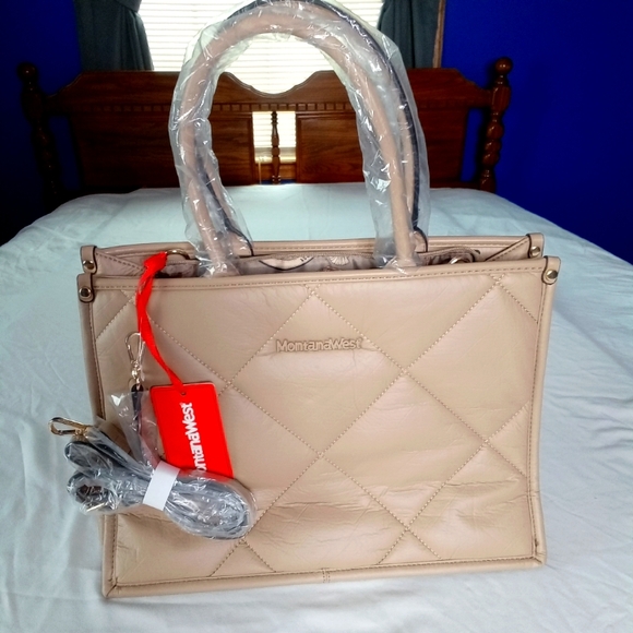 Montana West Handbags - Montana West NWT Tan Faux Leather Quilted Tote Satchel Crossbody Bag $59.99 New